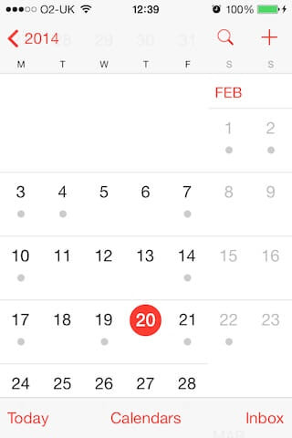 I can hear the William Tell overture The calendar app from iOS 7, showing February 2014. Very flat, red,
black and white, using
Helvetica.