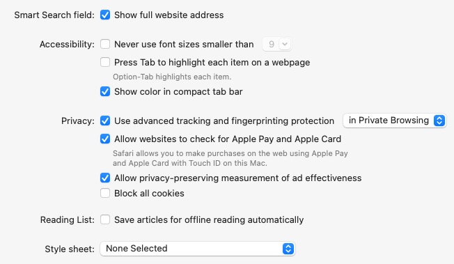 Safari's advanced configuration